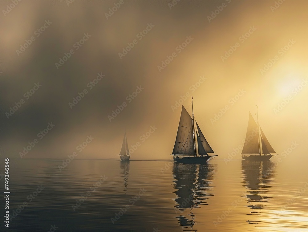 Old-world sailboats navigating through a misty sea at da
