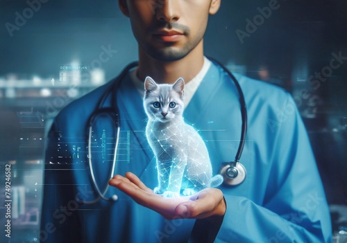  veterinarian,doctor, hand using hologram graphics ,cat,dog.generative ai  art