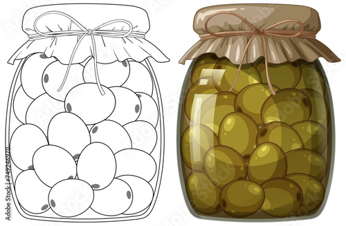 Illustration of olives in jars, one sketched, one colored