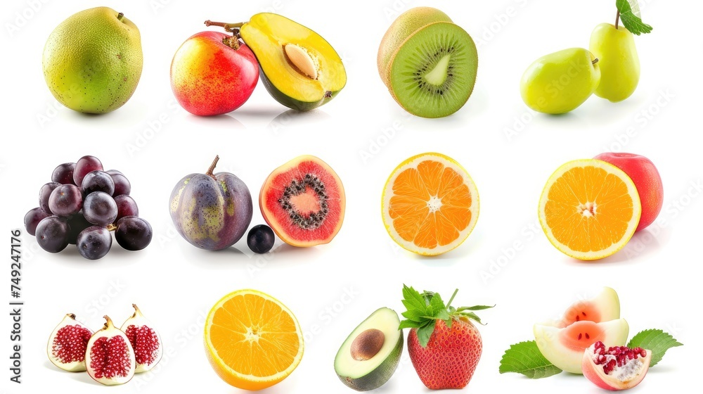 Photo realistic image of delicious ripe fruits. Set collection, isolated on white background. Generative ai - obrazy, fototapety, plakaty 