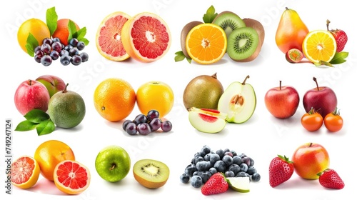 Photo realistic image of delicious ripe fruits. Set collection  isolated on white background. Generative ai