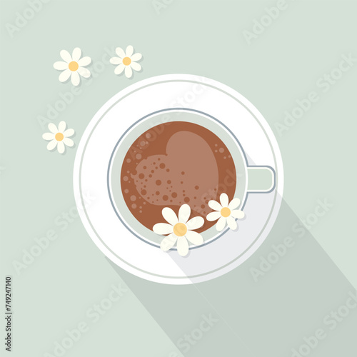 Coffee cup on a saucer and chamomile flowers, top view. Illustration, print, vector