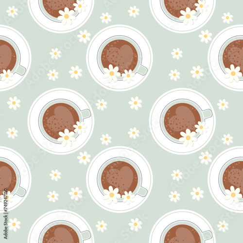 Seamless pattern, coffee cups and chamomile flowers, top view. Background, textile, print, vector