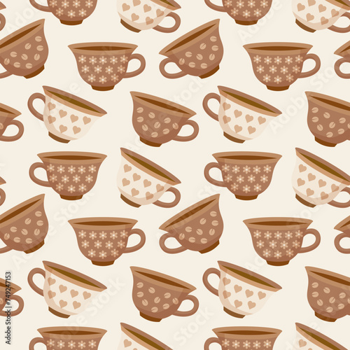 Seamless pattern, vintage coffee cups with ornament and coffee beans. Background, print, vector
