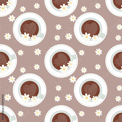 Seamless pattern, coffee cups and chamomile flowers, top view. Background, textile, print, vector