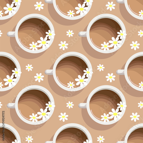 Seamless pattern, coffee cups and chamomile flowers, top view. Background, textile, print, vector