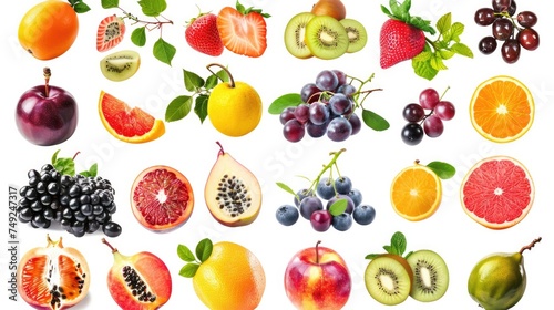 Photo realistic image of delicious ripe fruits. Set collection  isolated on white background. Generative ai