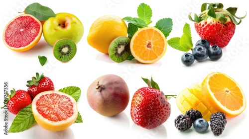 Photo realistic image of delicious ripe fruits. Set collection  isolated on white background. Generative ai