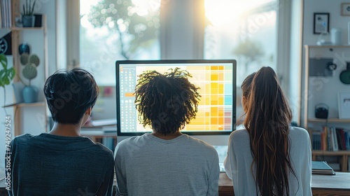 Three casual men and women gathered around a computer screen in a friendly and relaxed atmosphere in a bright modern room. Generative AI.