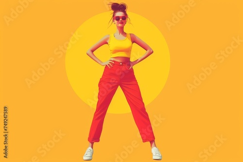 Confident young woman posing in vibrant red pants and a yellow tank top with a bold orange background.
