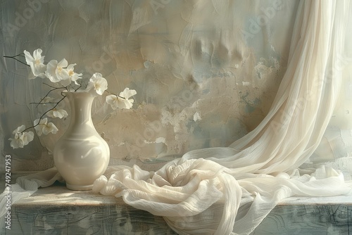 Elegant Still Life with Flowers and Flowing Fabric
A classical still life composition featuring a vase of delicate white flowers and a gently draped translucent fabric against a textured wall.
