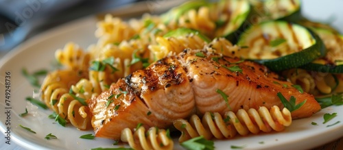 A white plate is displayed with a serving of savory salmon, Fusilli pasta, and grilled zucchini. The dish showcases a fusion of flavors combining the richness of salmon with the delectable taste of