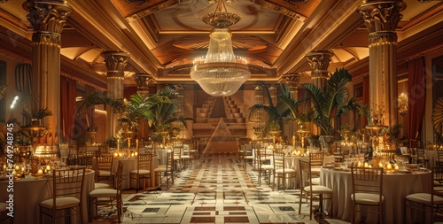 A gala dinner in a fancy hall. Generative AI. photo