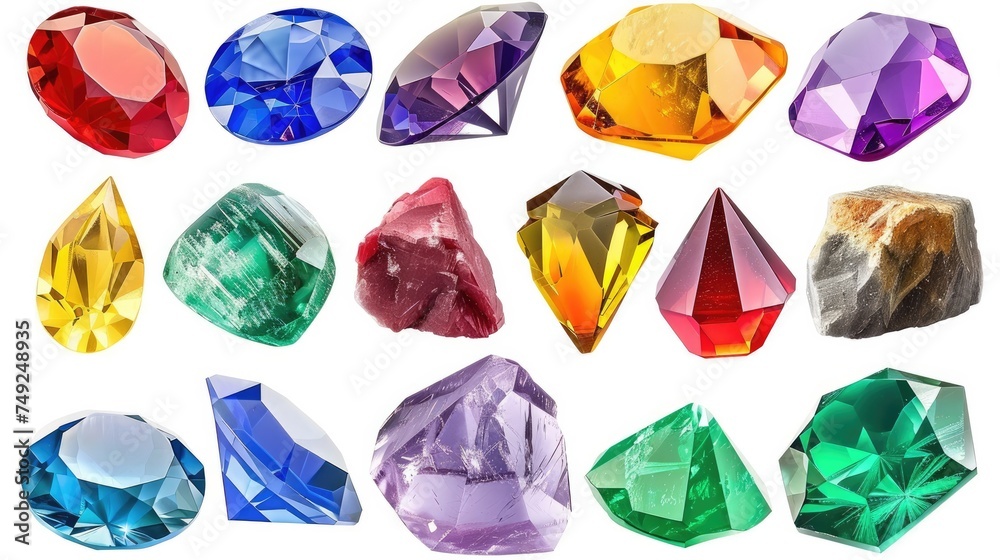 Fototapeta premium Precious stones materials are rocks, valuable materials. Set collection, isolated on white background. Generative ai