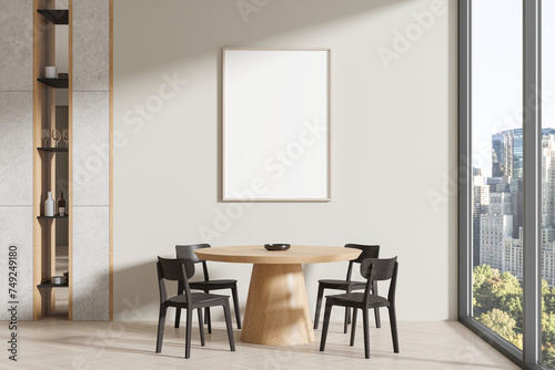 Modern home living room interior with table and chairs, window. Mockup frame © ImageFlow