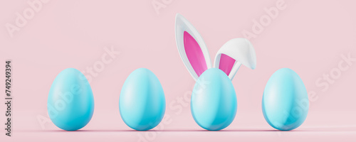 Mockup blue easter eggs and bunny ears on empty pink background