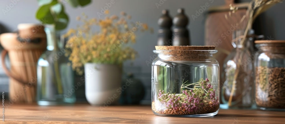 A wooden table is featured with various jars filled with lush green plants. The plants are neatly arranged in the stylish glass containers with cork lids, adding a touch of natural decor to the