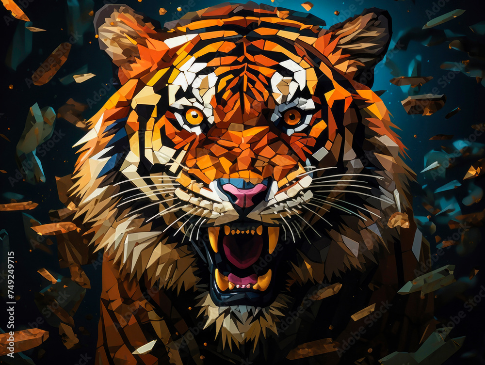 Head of a roaring tiger, graphic illustration with dynamic splash background. Wild angry predator. An aggressive feline animal. Close-up.