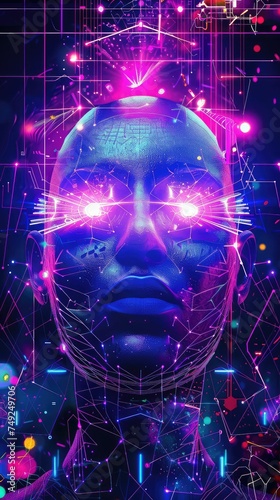 Futuristic AI Face with Neon Cybernetic Patterns A visually striking digital art piece of a futuristic artificial intelligence face with glowing neon cybernetic patterns and abstract elements. 