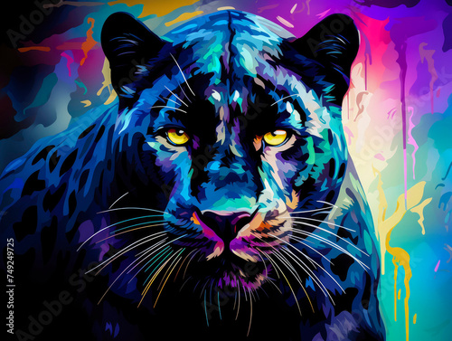 Head of the black panther, graphic illustration with dynamic splash background. Wild angry predator. An aggressive feline animal. Close-up.