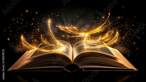 Large dark open book on black background. Golden rays and sparks around the book, a bright glow. The magic of reading. Close-up.