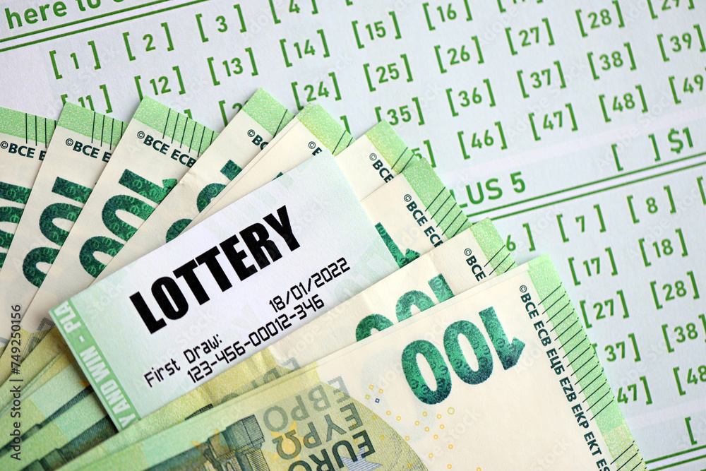 Green lottery tickets and euro money bills on blank with numbers for playing lottery close up Green lottery tickets and euro money bills on blank with numbers for playing lottery close up
