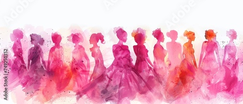 Happy international women's day concept,  8th March 2024 greeting card illustration - Watercolor painting silhouette of beautiful women in their diversity, isolated on white background banner panorama photo
