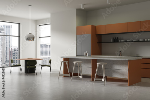 Modern home kitchen interior with cabinet and eating table, panoramic window