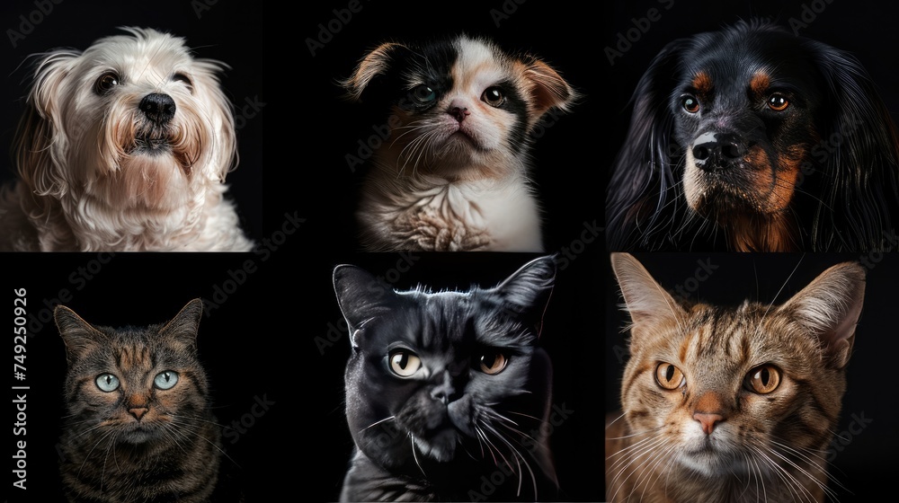 Different pets such as dogs and cats. Set collection, isolated on black background. Generative ai