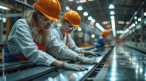 Two workers are moving sheet metal on the production line. Generative AI.