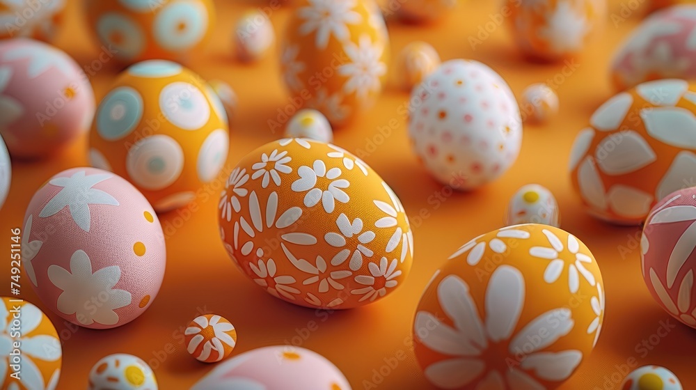 Top close up view of decorated easter eggs on orange background. Generative AI.