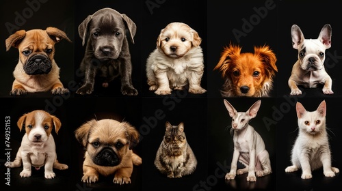 Different pets such as dogs and cats. Set collection, isolated on black background. Generative ai