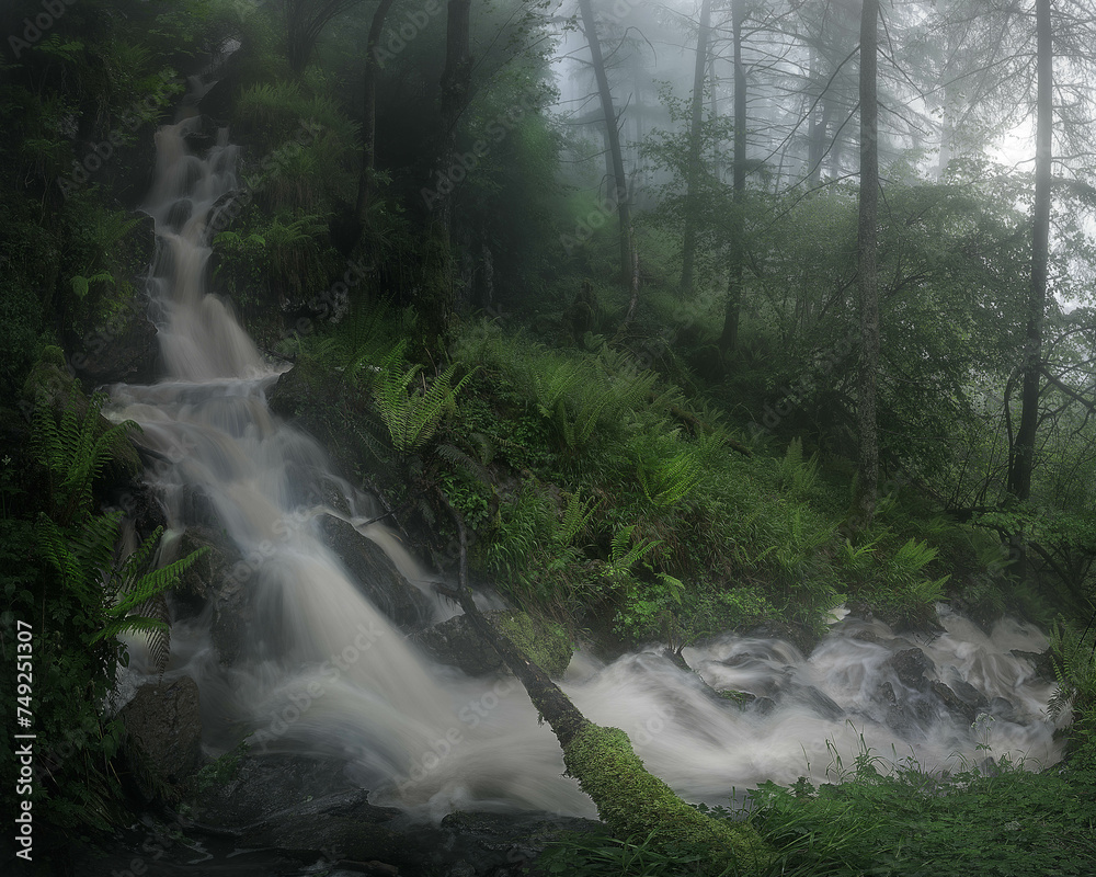 Seasonal waterfall in the Gorbea Natural Park on a rainy and foggy spring morning
