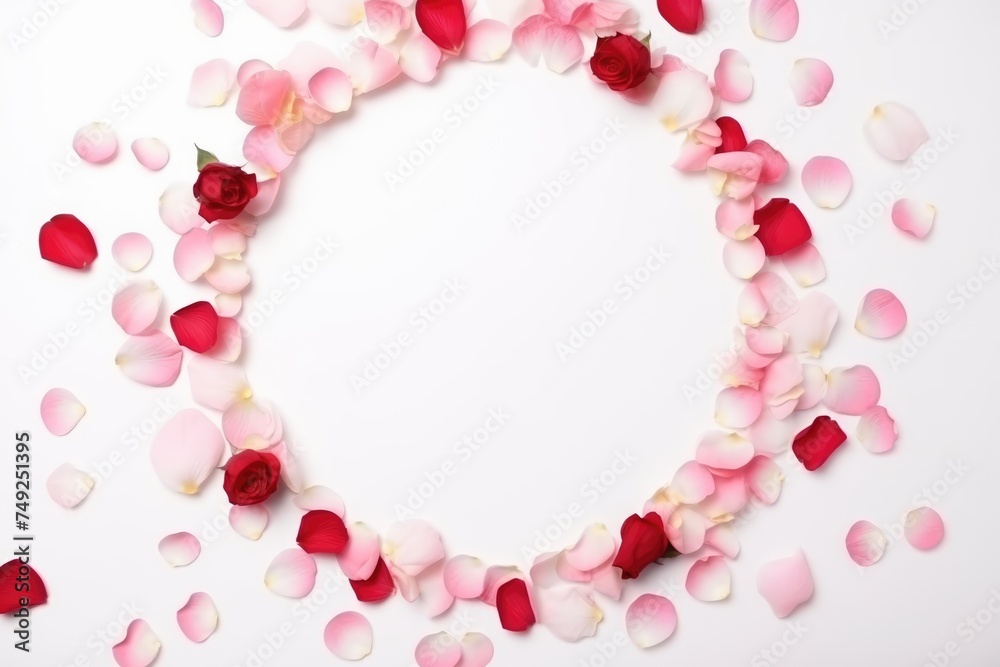 An enchanting circular frame of various rose petals creating an inviting space for heartfelt Valentine's messages. Romantic Petal Frame for Valentine's Day Celebrations