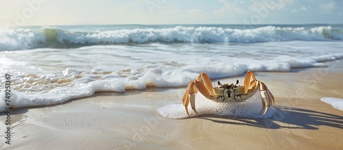 A playful crab scuttles about on a sandy beach as waves gently roll in from the ocean, creating a serene coastal scene.