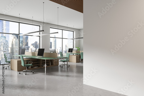 Office interior with desk and pc desktop with armchairs, window. Mock up wall