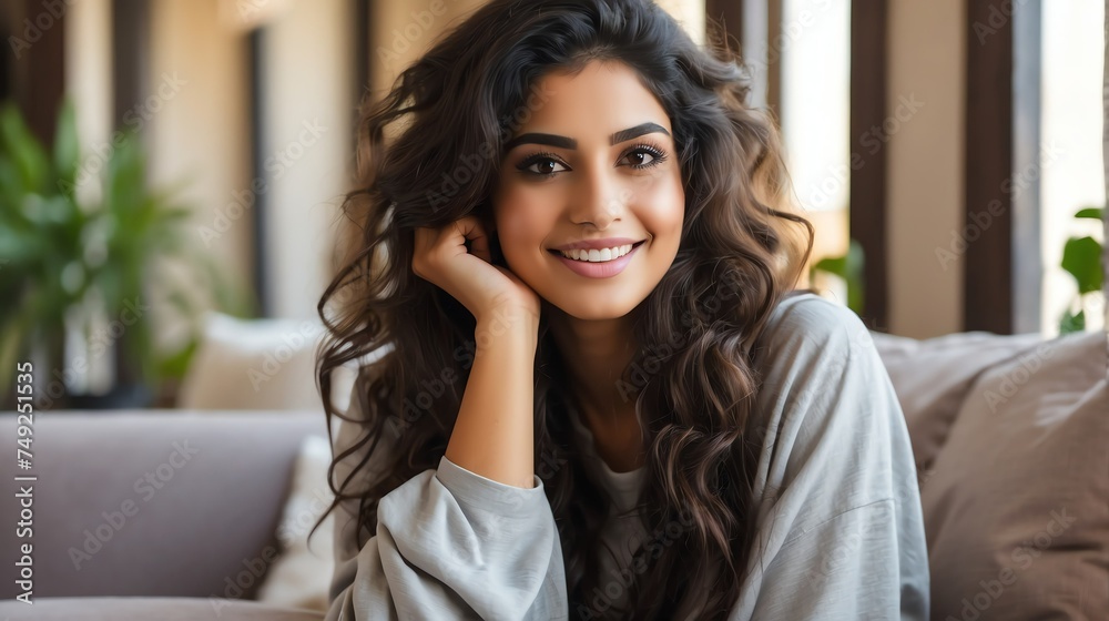 Attractive millenial arab model girl on cozy home living room looking happy at camera from Generative AI Attractive millenial arab model girl on cozy home living room looking happy at camera from Generative AI
