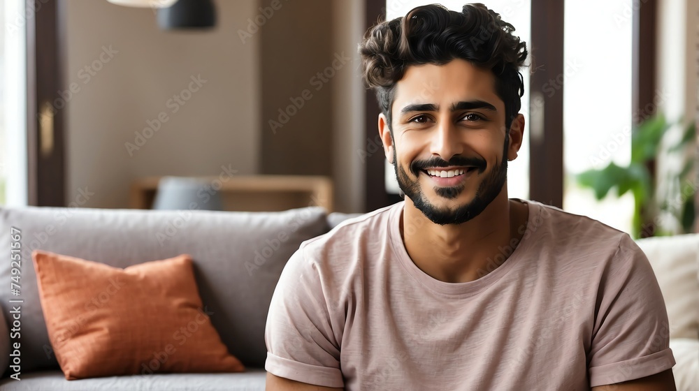 Attractive millenial arab model guy on cozy home living room looking happy at camera from Generative AI Attractive millenial arab model guy on cozy home living room looking happy at camera from Generative AI