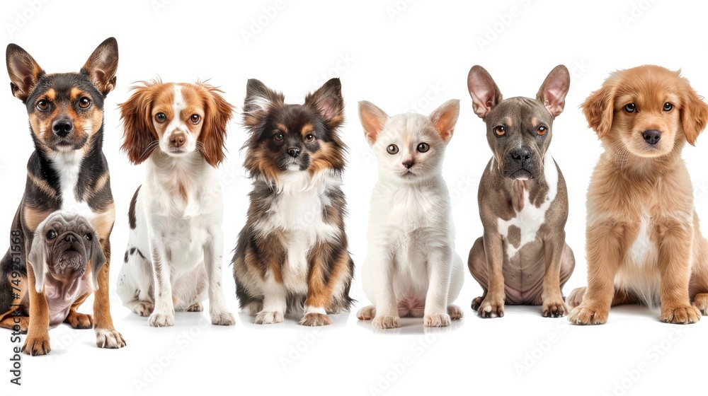 Obraz premium Different pets such as dogs and cats. Set collection, isolated on white background. Generative ai