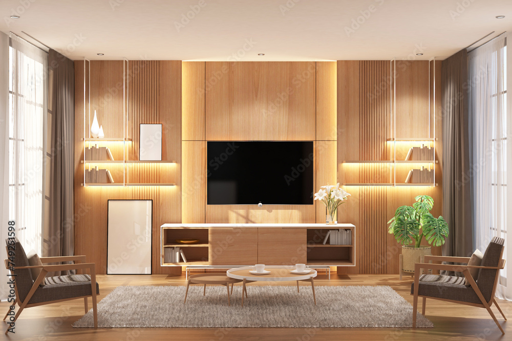 Modern contemporary  tv room with frame mock up on the wall. Design 3d rendering of black and light woods. Design print for illustration, presentation, mock up, interior, zoom, background. Set 4