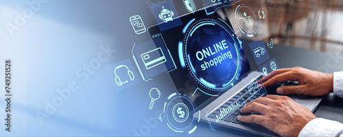 Man hands with laptop and online shopping
