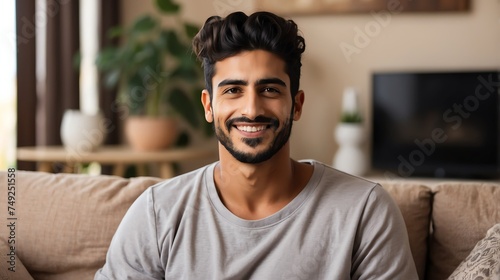 Attractive millenial arab model guy on cozy home living room looking happy at camera from Generative AI