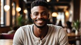 Attractive millenial black african model guy on cozy restaurant looking happy at camera from Generative AI