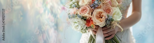 Visualize a bridal bouquet featuring a lush, hand-tied collection of garden roses, ranunculus, and dahlias in soft pastel hues, accented with sprigs of lavender and tied with a long photo
