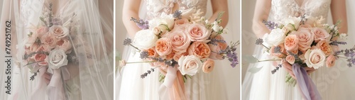 Visualize a bridal bouquet featuring a lush, hand-tied collection of garden roses, ranunculus, and dahlias in soft pastel hues, accented with sprigs of lavender and tied with a long