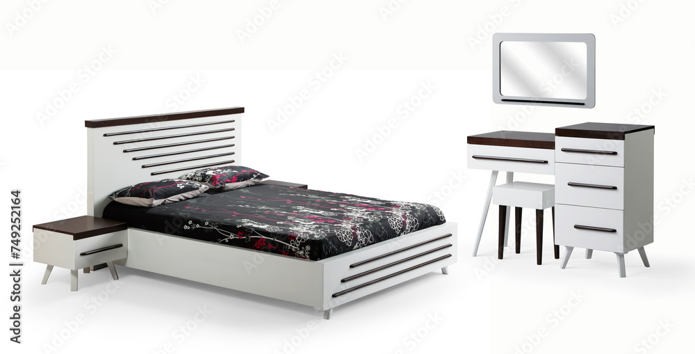 Modern bed with mirrored dressing table isolated on white background . Modern bed with mirrored dressing table isolated on white background .