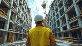 Construction worker wearing a yellow high-visibility vest and a white safety helmet standing in front of a large construction site. looking upwards. Generative AI.