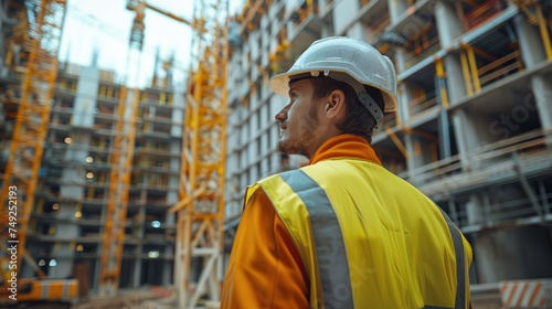 Construction worker wearing a yellow high-visibility vest and a white safety helmet standing in front of a large construction site. looking upwards. Generative AI.