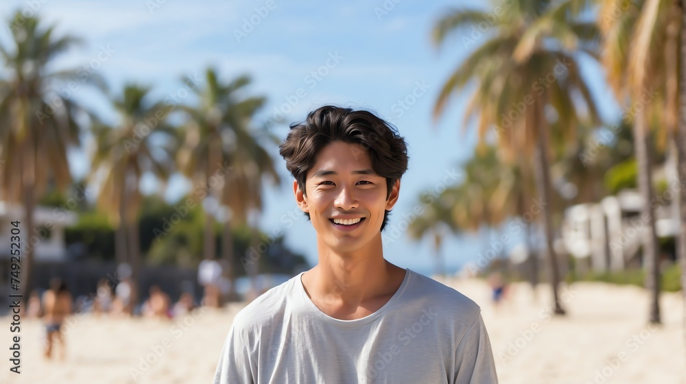 Attractive millenial japanese model guy on beach summer vacation looking happy at camera from Generative AI