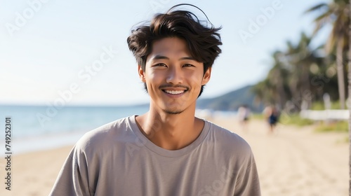Attractive millenial japanese model guy on beach summer vacation looking happy at camera from Generative AI